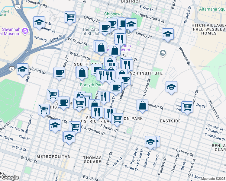 map of restaurants, bars, coffee shops, grocery stores, and more near 220 East Gwinnett Street in Savannah