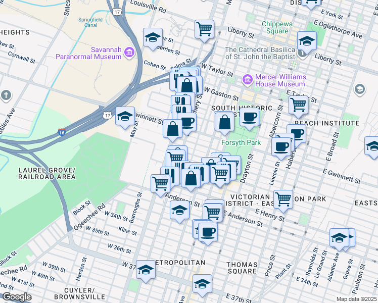map of restaurants, bars, coffee shops, grocery stores, and more near 306 West Waldburg Street in Savannah