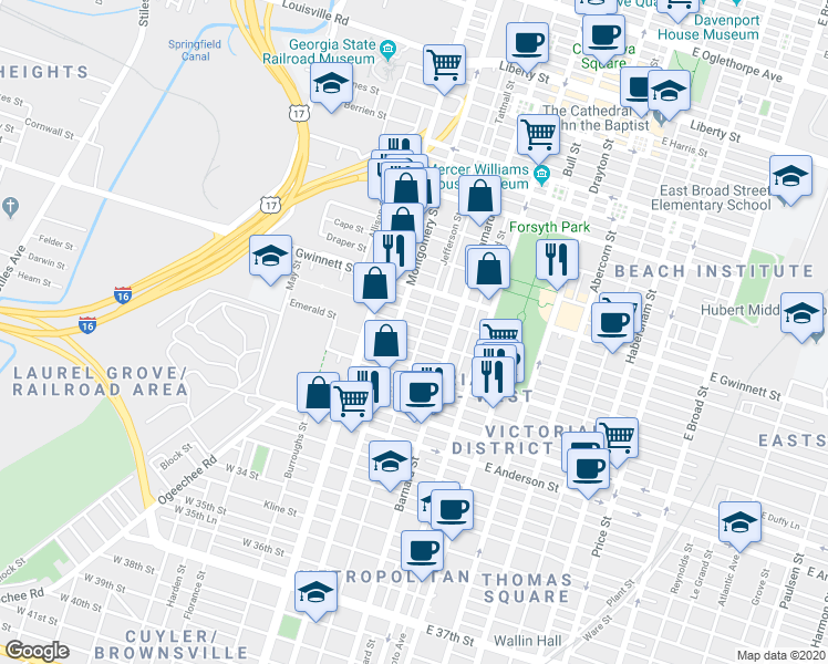 map of restaurants, bars, coffee shops, grocery stores, and more near 306 West Waldburg Street in Savannah