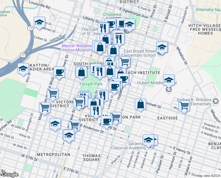 map of restaurants, bars, coffee shops, grocery stores, and more near 220 East Gwinnett Street in Savannah