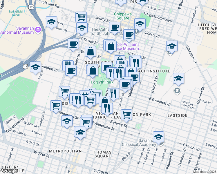 map of restaurants, bars, coffee shops, grocery stores, and more near in Savannah