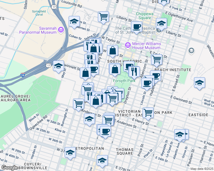 map of restaurants, bars, coffee shops, grocery stores, and more near 202 West Bolton Street in Savannah