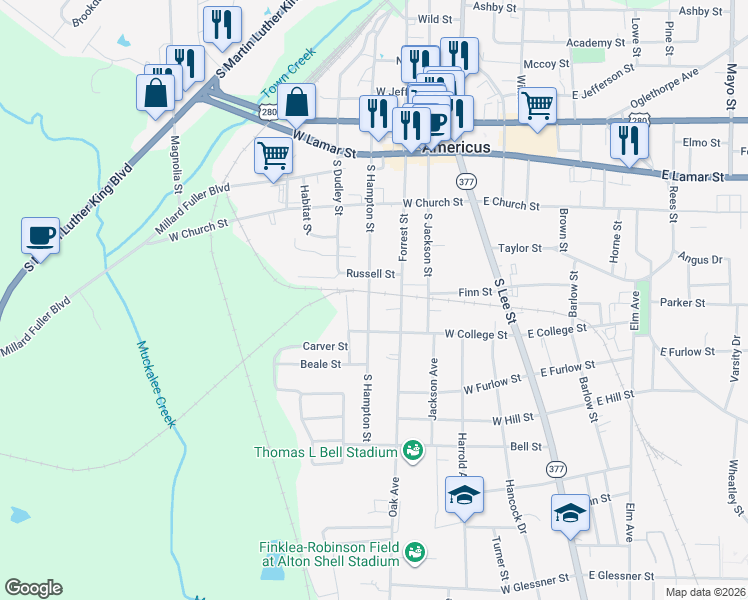 map of restaurants, bars, coffee shops, grocery stores, and more near 413 Forrest Street in Americus