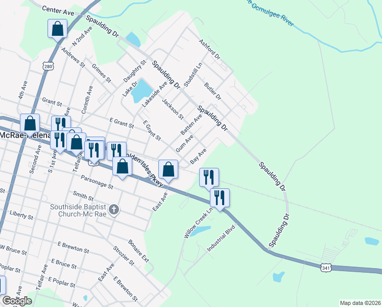 map of restaurants, bars, coffee shops, grocery stores, and more near 18 East Avenue in McRae-Helena