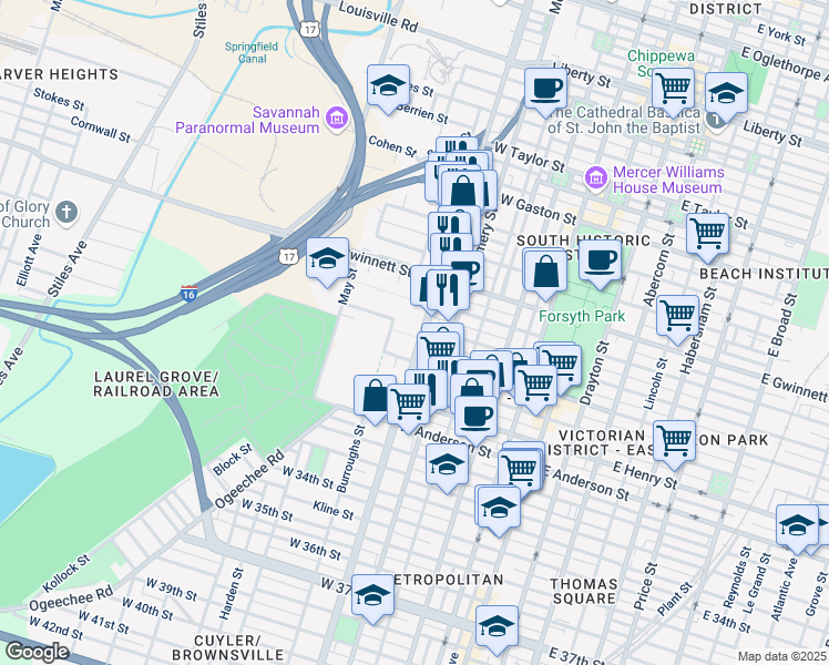 map of restaurants, bars, coffee shops, grocery stores, and more near 1013 Martin Luther King Junior Boulevard in Savannah