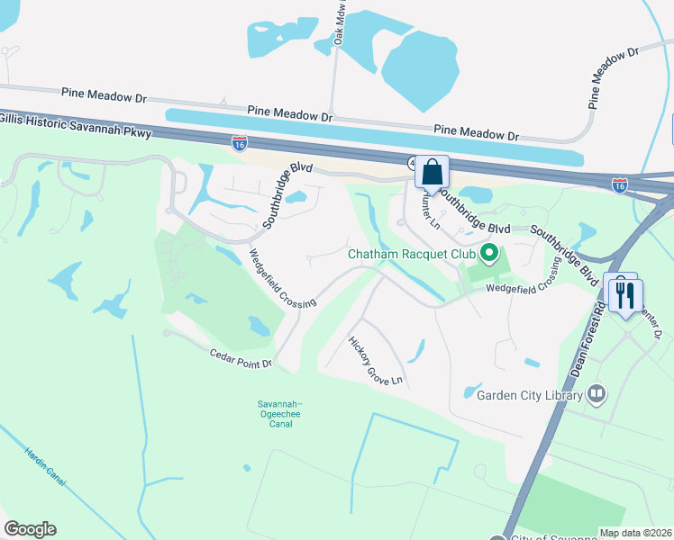 map of restaurants, bars, coffee shops, grocery stores, and more near 208 Wedgefield Crossing in Savannah