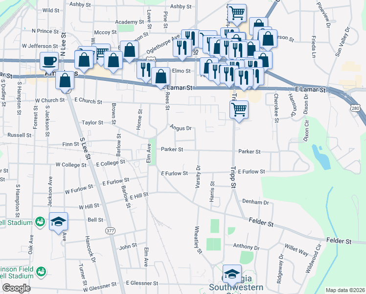 map of restaurants, bars, coffee shops, grocery stores, and more near 908 Parker Street in Americus