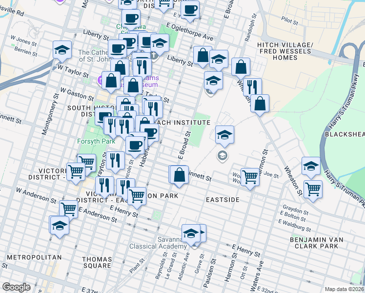 map of restaurants, bars, coffee shops, grocery stores, and more near 607 East Broad Street in Savannah