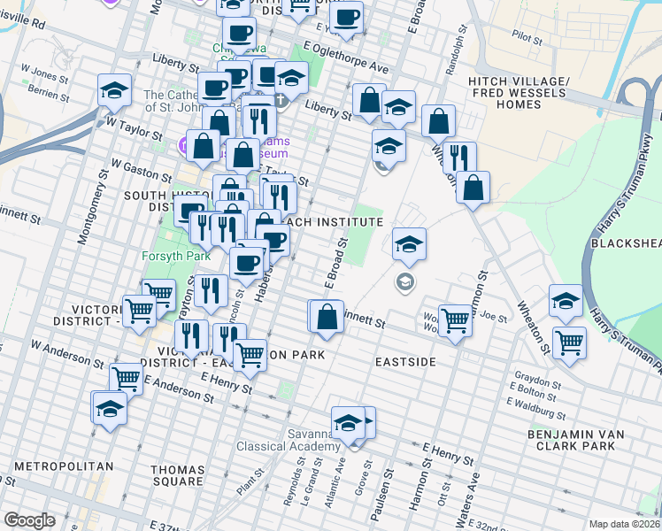 map of restaurants, bars, coffee shops, grocery stores, and more near 605 East Broad Street in Savannah