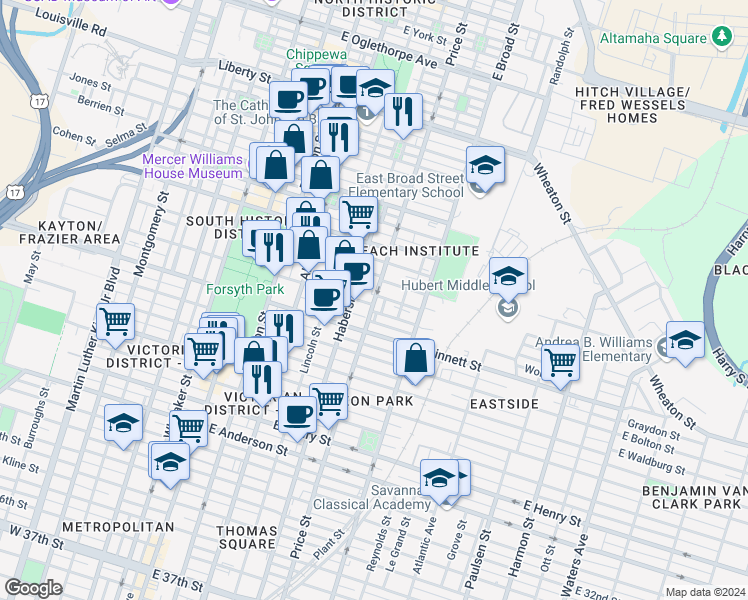 map of restaurants, bars, coffee shops, grocery stores, and more near 519 Nicoll Street in Savannah
