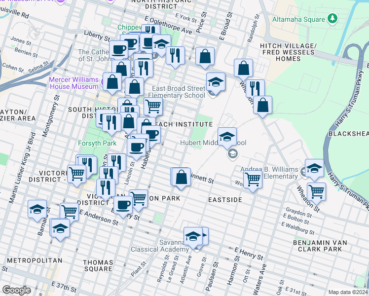 map of restaurants, bars, coffee shops, grocery stores, and more near 605 East Broad Street in Savannah