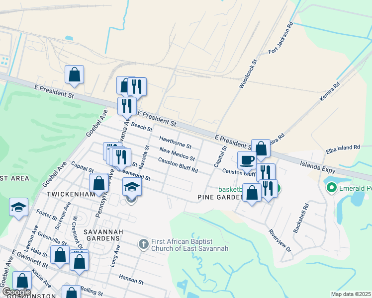 map of restaurants, bars, coffee shops, grocery stores, and more near 2209 Hawthorne Street in Savannah