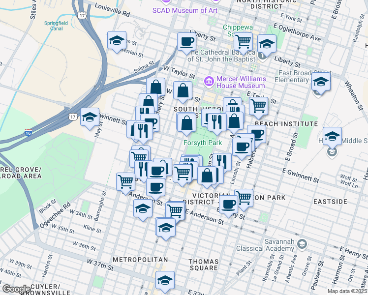 map of restaurants, bars, coffee shops, grocery stores, and more near 815 Whitaker Street in Savannah