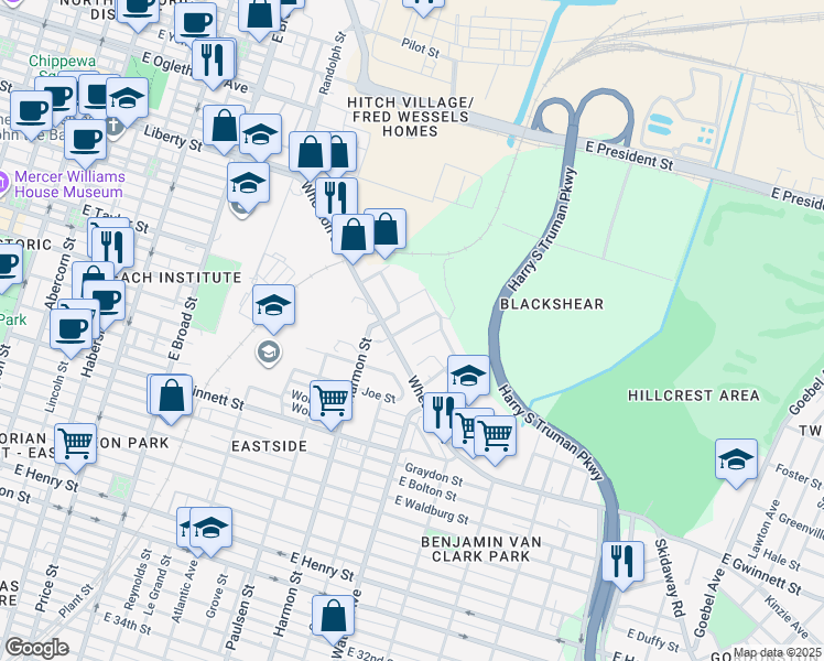 map of restaurants, bars, coffee shops, grocery stores, and more near 18 Stirling Street in Savannah