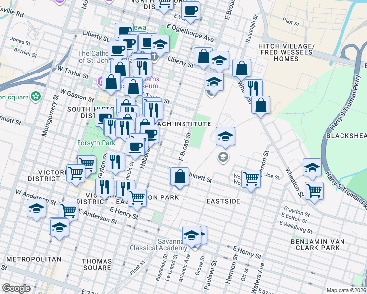 map of restaurants, bars, coffee shops, grocery stores, and more near 605 East Broad Street in Savannah