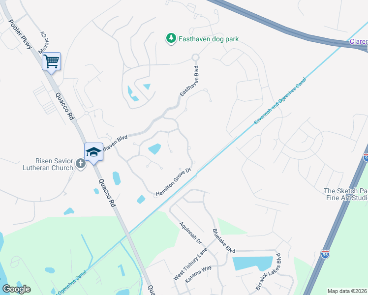 map of restaurants, bars, coffee shops, grocery stores, and more near 153 Hamilton Grove Drive in Pooler