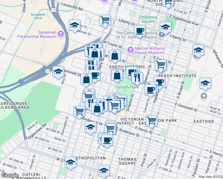 map of restaurants, bars, coffee shops, grocery stores, and more near 116 West Bolton Street in Savannah