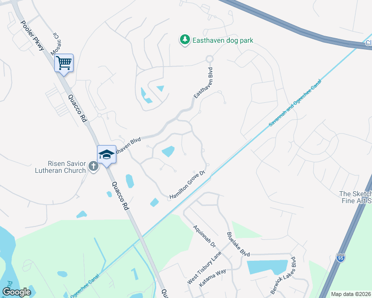 map of restaurants, bars, coffee shops, grocery stores, and more near 14 Briarcliff Way in Pooler