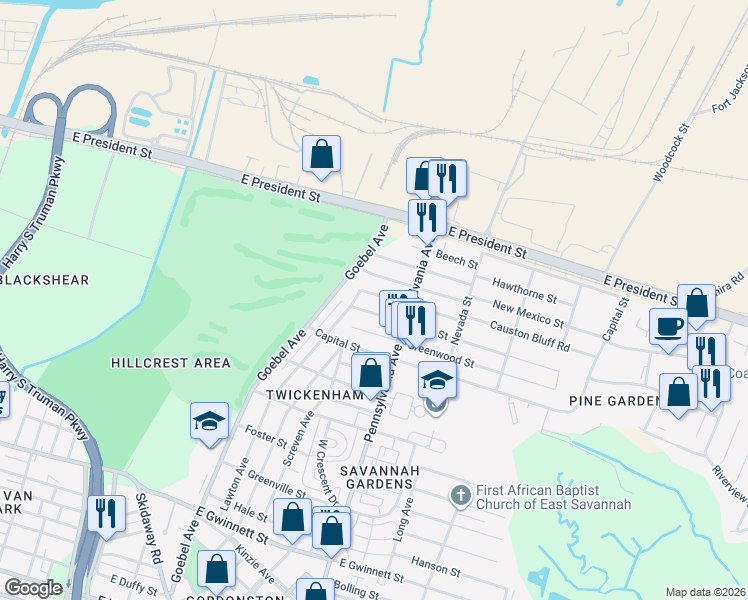 map of restaurants, bars, coffee shops, grocery stores, and more near 1916 Utah Street in Savannah