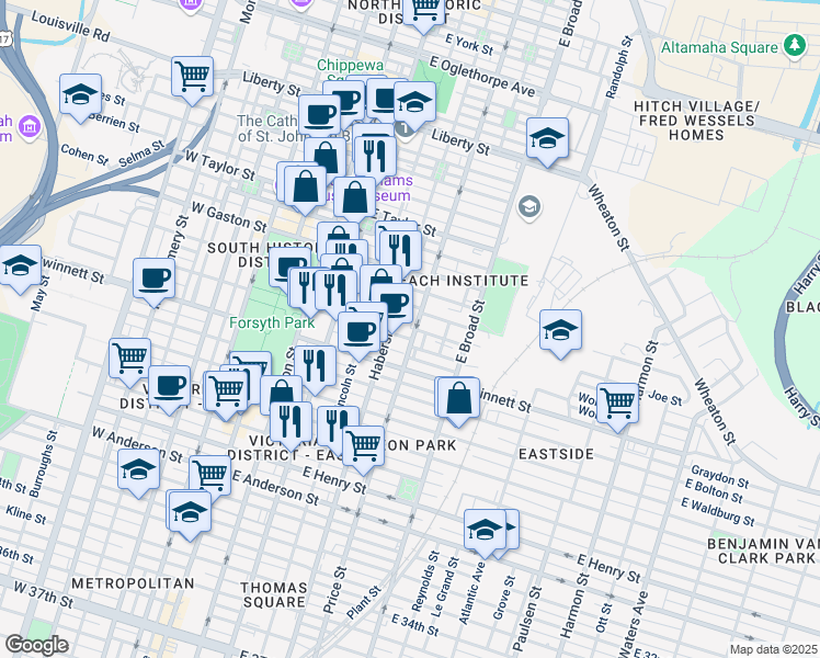map of restaurants, bars, coffee shops, grocery stores, and more near in Savannah