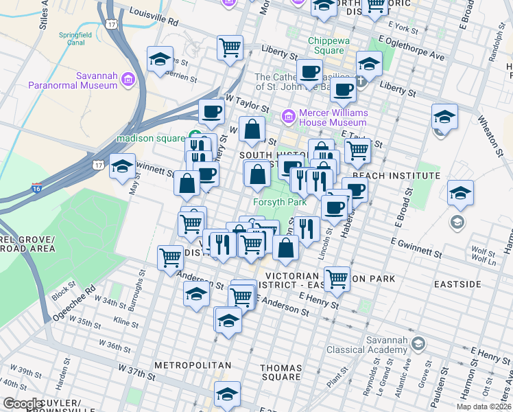 map of restaurants, bars, coffee shops, grocery stores, and more near 815 Whitaker Street in Savannah