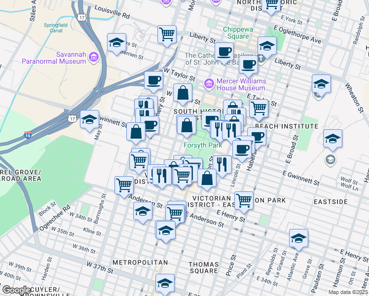 map of restaurants, bars, coffee shops, grocery stores, and more near 815 Whitaker Street in Savannah