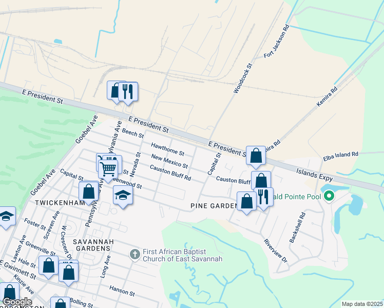 map of restaurants, bars, coffee shops, grocery stores, and more near 2220 Hawthorne Street in Savannah