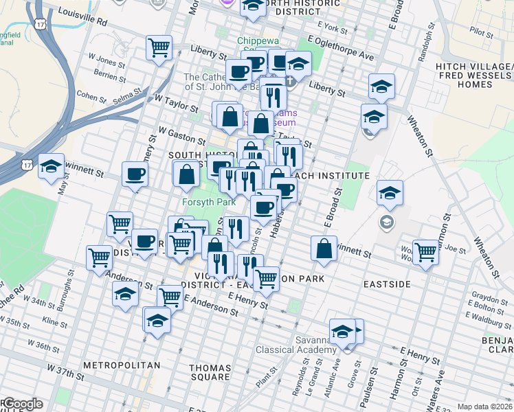 map of restaurants, bars, coffee shops, grocery stores, and more near 213 East Hall Street in Savannah