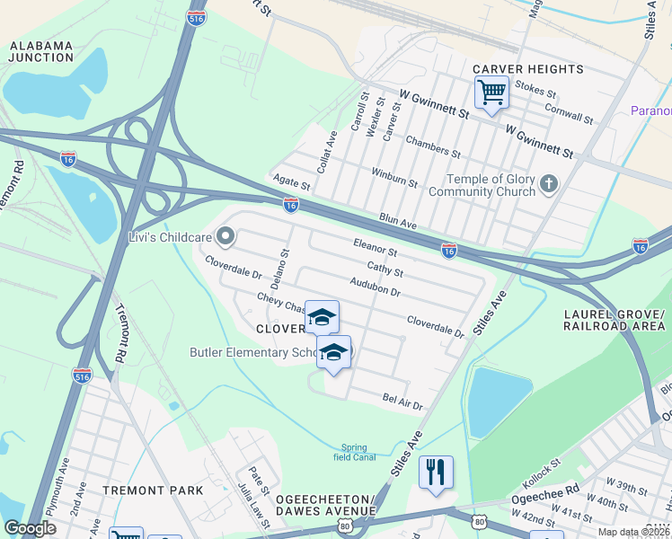map of restaurants, bars, coffee shops, grocery stores, and more near 1520 Audubon Drive in Savannah
