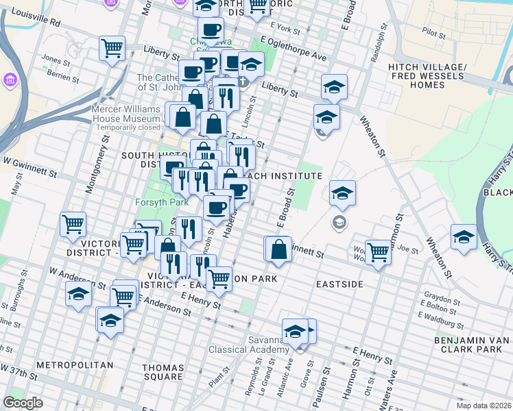 map of restaurants, bars, coffee shops, grocery stores, and more near 519 Nicoll Street in Savannah