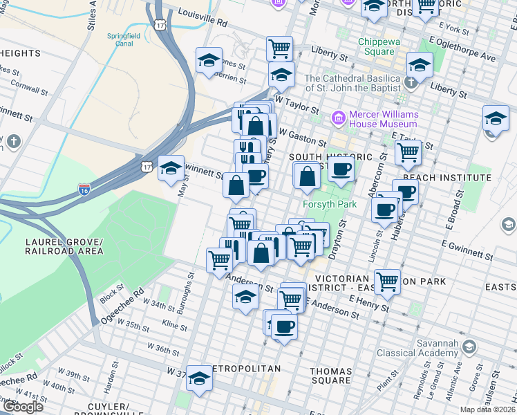 map of restaurants, bars, coffee shops, grocery stores, and more near 911 Jefferson Street in Savannah