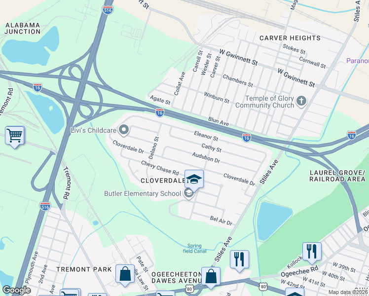 map of restaurants, bars, coffee shops, grocery stores, and more near 1520 Audubon Drive in Savannah