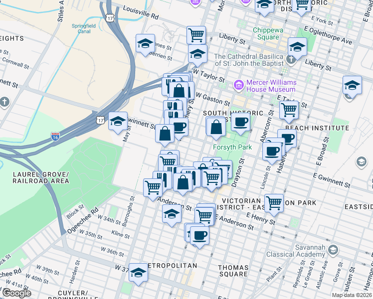 map of restaurants, bars, coffee shops, grocery stores, and more near 911 Jefferson Street in Savannah