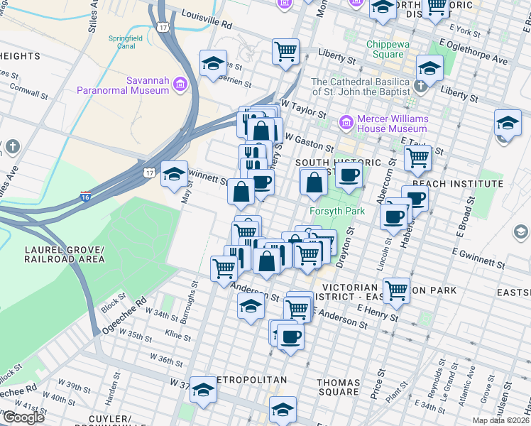 map of restaurants, bars, coffee shops, grocery stores, and more near 911 Jefferson Street in Savannah