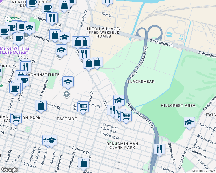map of restaurants, bars, coffee shops, grocery stores, and more near 18 Stirling Street in Savannah