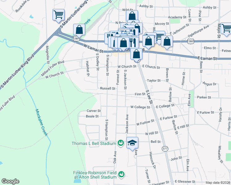 map of restaurants, bars, coffee shops, grocery stores, and more near 413 Forrest Street in Americus