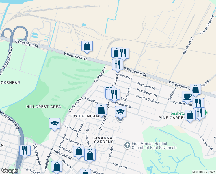 map of restaurants, bars, coffee shops, grocery stores, and more near 1943 Causton Bluff Road in Savannah