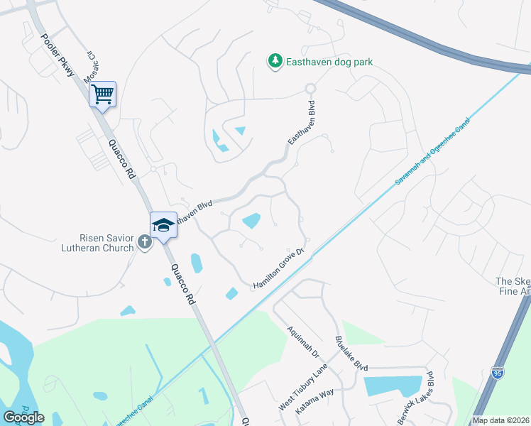 map of restaurants, bars, coffee shops, grocery stores, and more near 14 Briarcliff Way in Pooler