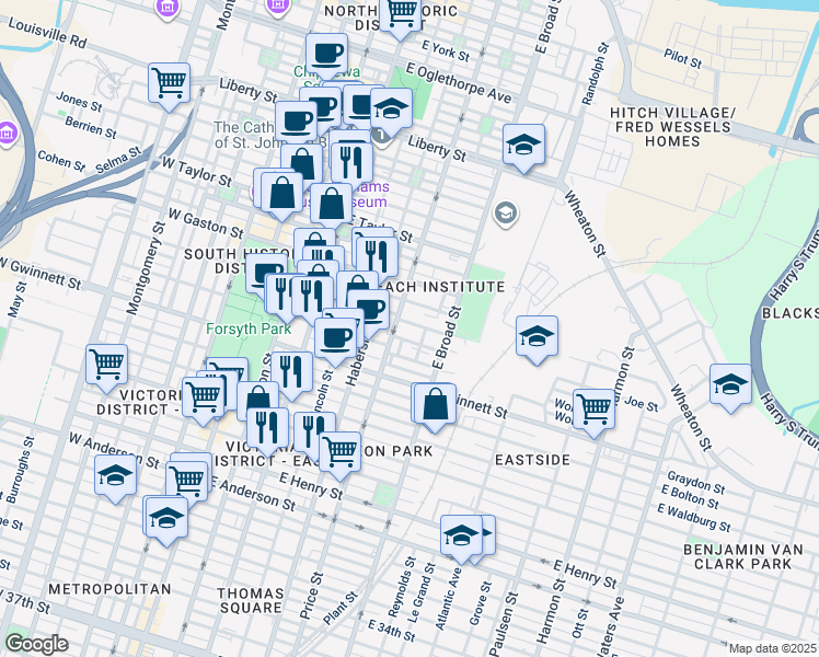 map of restaurants, bars, coffee shops, grocery stores, and more near 519 Nicoll Street in Savannah