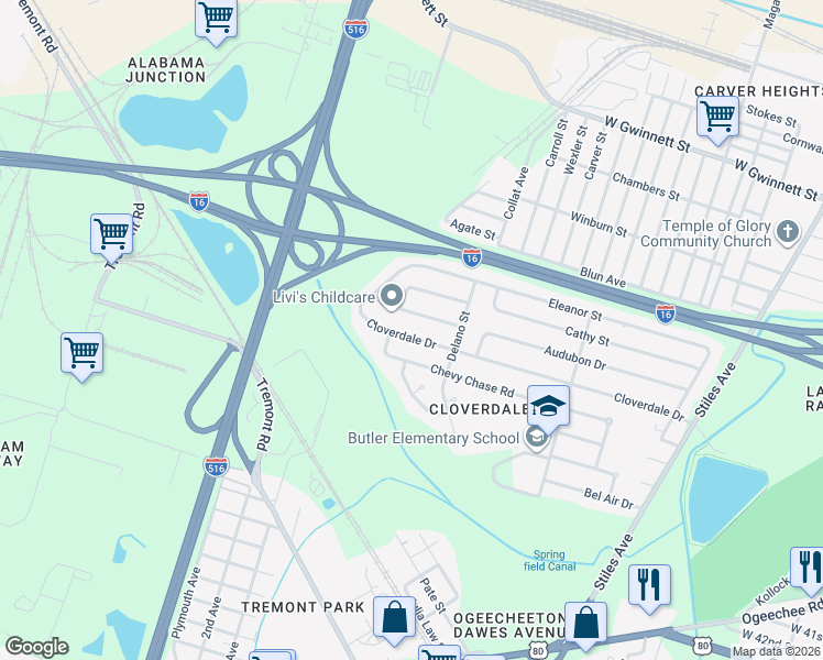 map of restaurants, bars, coffee shops, grocery stores, and more near 1621 Cloverdale Drive in Savannah