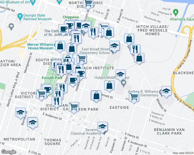 map of restaurants, bars, coffee shops, grocery stores, and more near 546 East Huntingdon Street in Savannah
