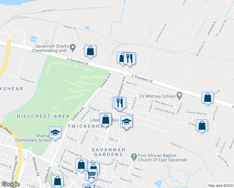 map of restaurants, bars, coffee shops, grocery stores, and more near 1943 Causton Bluff Road in Savannah