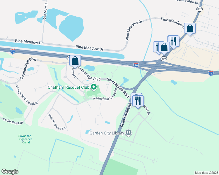 map of restaurants, bars, coffee shops, grocery stores, and more near 114 Longwood Drive in Savannah