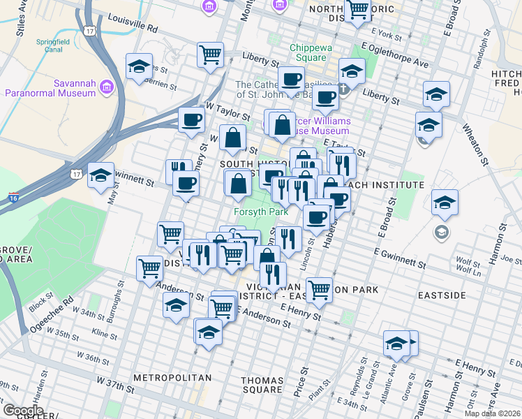 map of restaurants, bars, coffee shops, grocery stores, and more near 2 West Gaston Street in Savannah