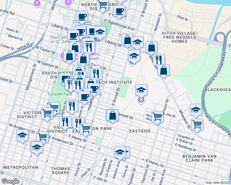 map of restaurants, bars, coffee shops, grocery stores, and more near 605 East Broad Street in Savannah