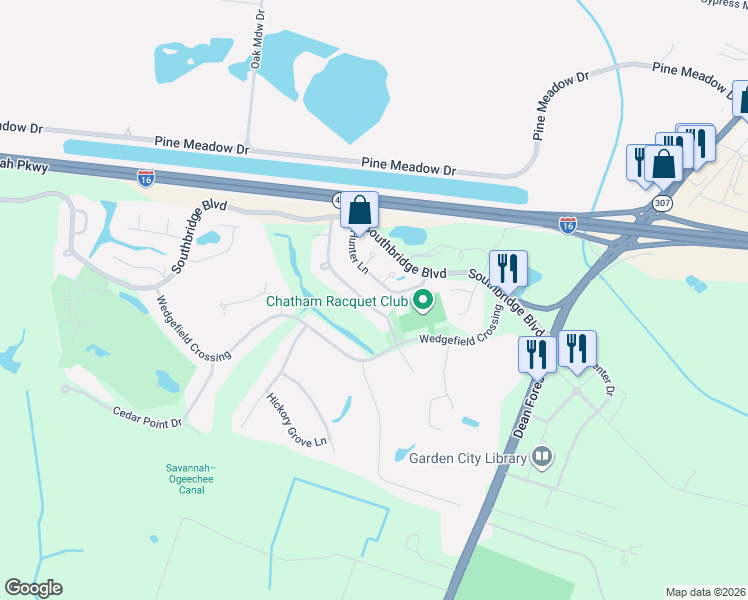 map of restaurants, bars, coffee shops, grocery stores, and more near 113 Steeplechase Road in Savannah