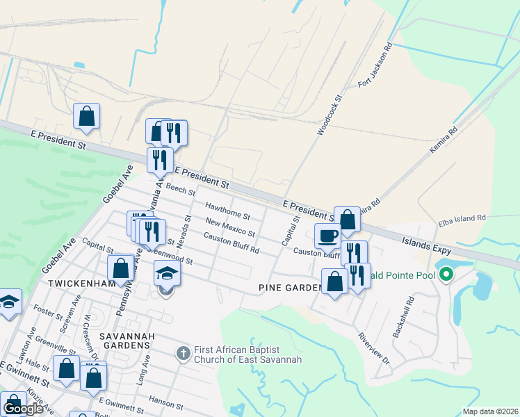 map of restaurants, bars, coffee shops, grocery stores, and more near 2220 Hawthorne Street in Savannah