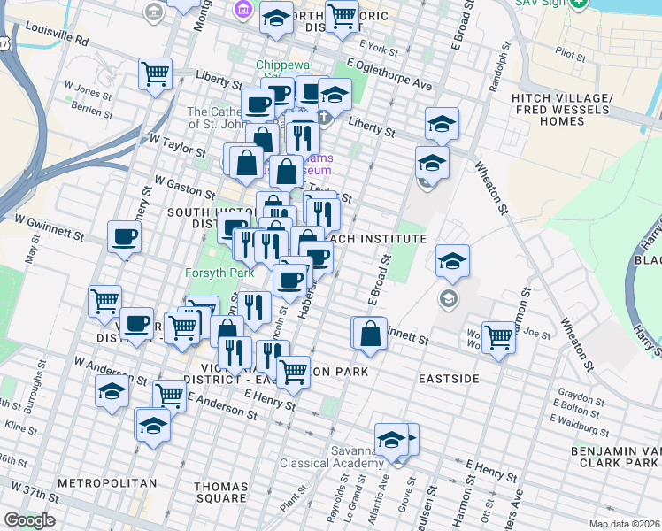 map of restaurants, bars, coffee shops, grocery stores, and more near in Savannah