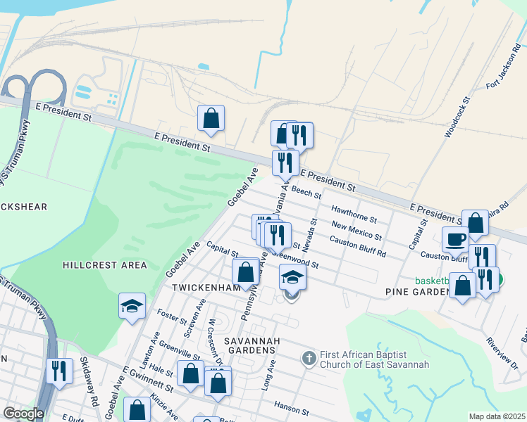 map of restaurants, bars, coffee shops, grocery stores, and more near 1943 Causton Bluff Road in Savannah