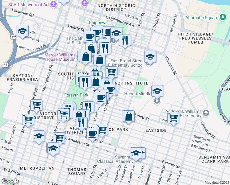 map of restaurants, bars, coffee shops, grocery stores, and more near in Savannah
